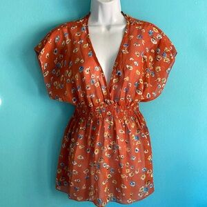 Anthropologie The Hanger Womens Size S Orange Floral Pullover V-Neck Blouse Top